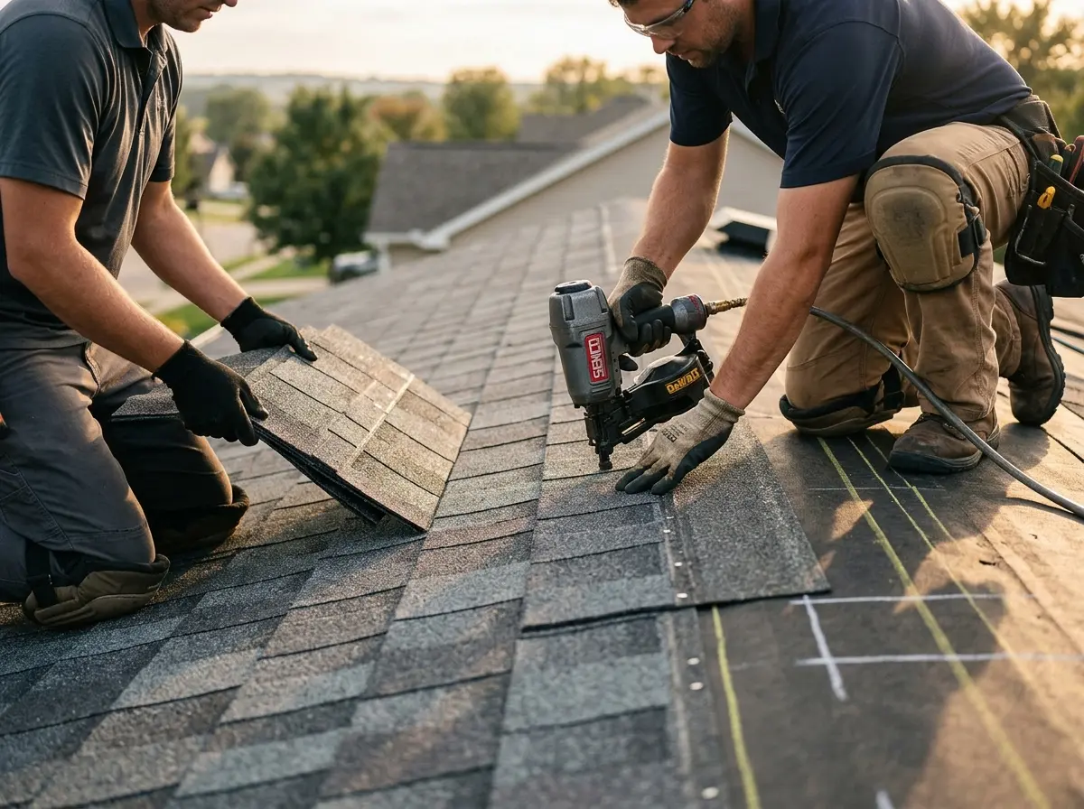 Professional roofer working on a residential roof in East Chicago